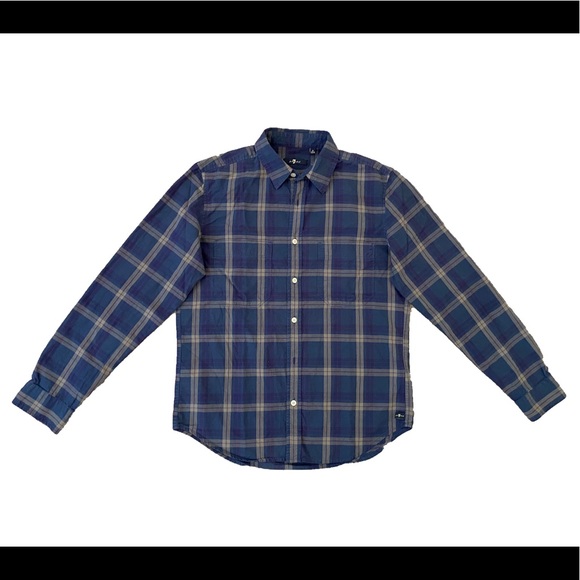 7 for all mankind blue plaid, double pocket casual shirt - Picture 3 of 4